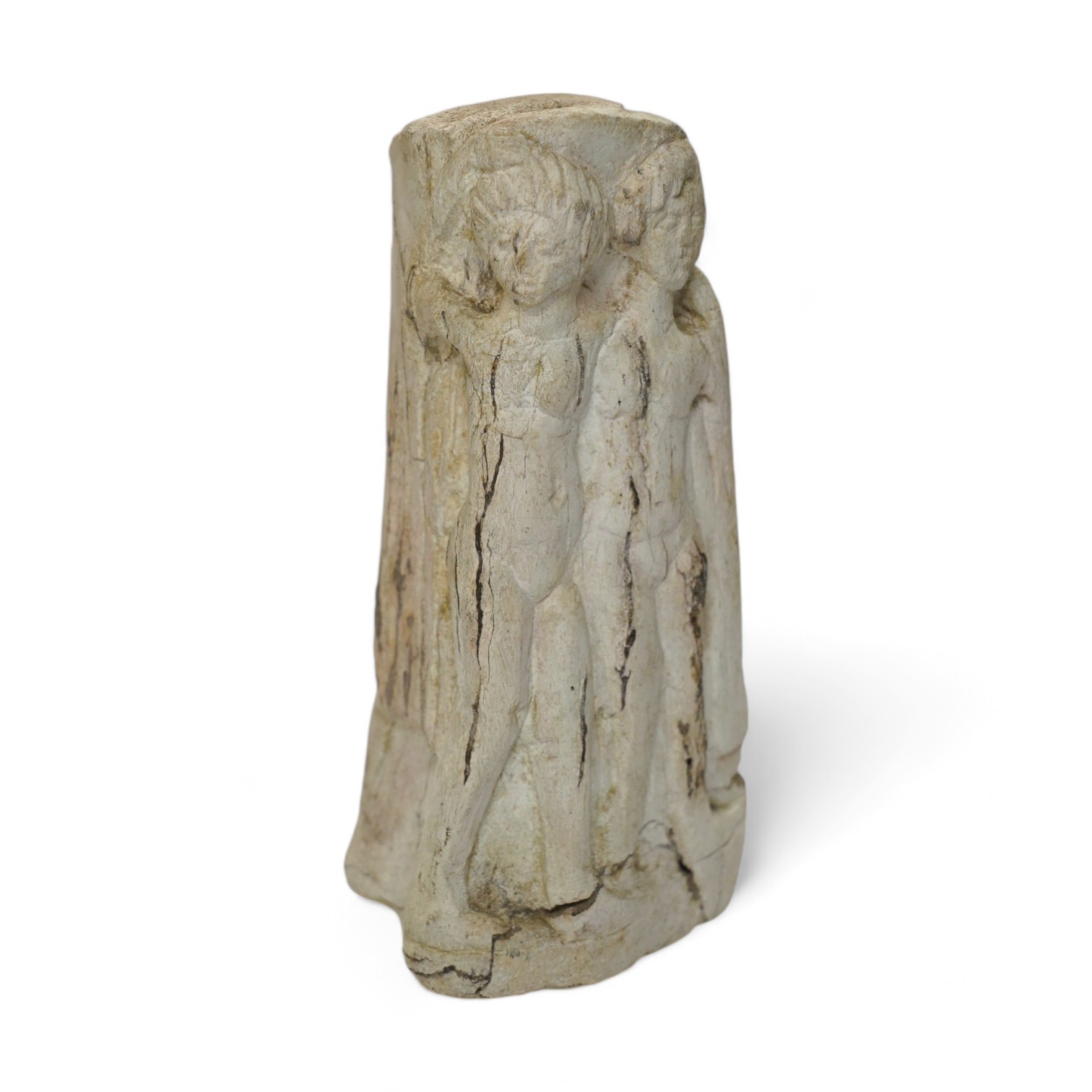 A Devotional bone? figural column, possibly Roman, and depicting 'The Three Graces', 17cm high. Condition - good considering age